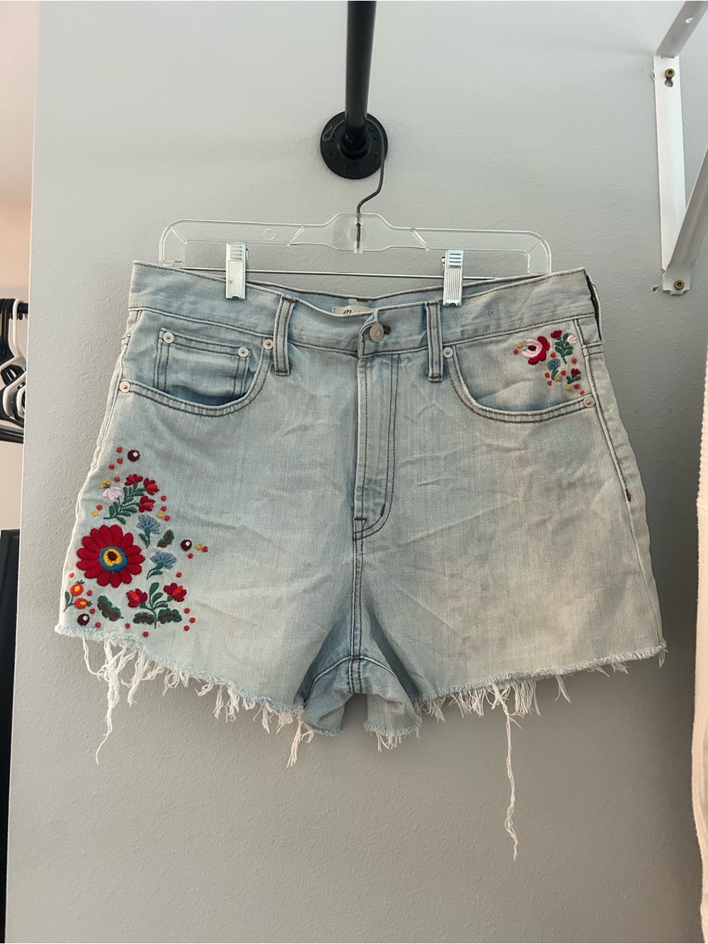 Madewell Light Blue Denim Shorts with Red Floral Embroidery